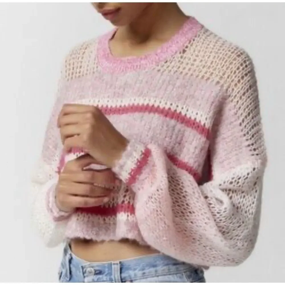 Kimchi Blue Open Knit Sweater Size M Pink Cream Wool Blend Cottagecore Slouchy